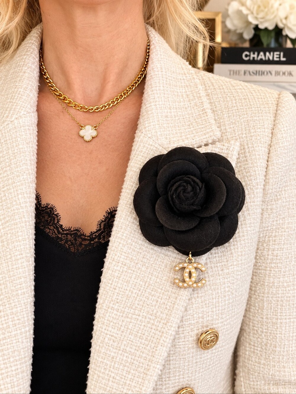 NEW Handmade Black Camellia Brooch w Chanel Pearl CC Charm